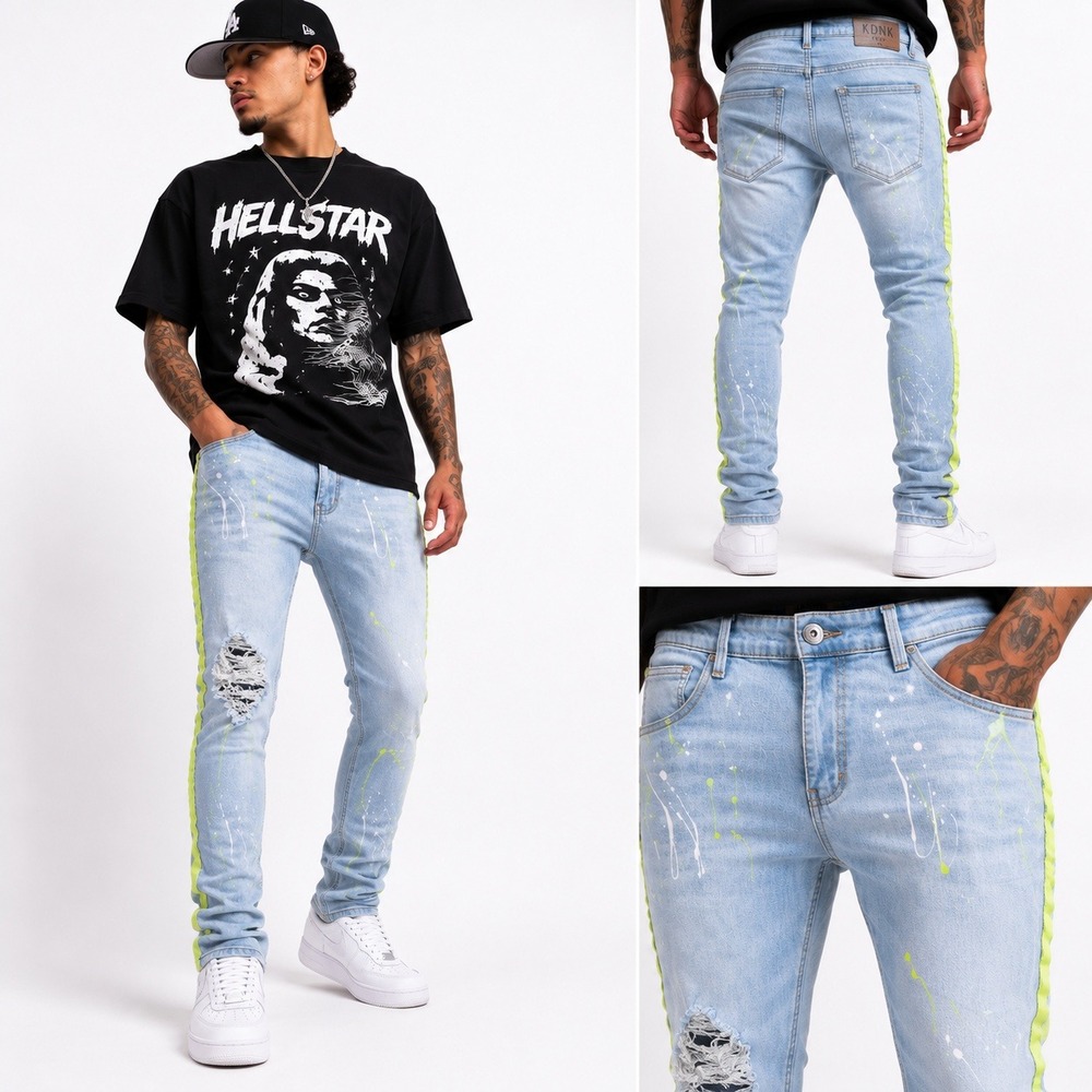 KDNK Jeans Mens 36X30 Distressed Skinny Stretch Neon Side Stripe Splatter Street
